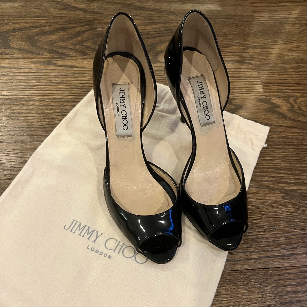 Jimmy Choo Black Patent Leather Peep Toe Heels 37.5